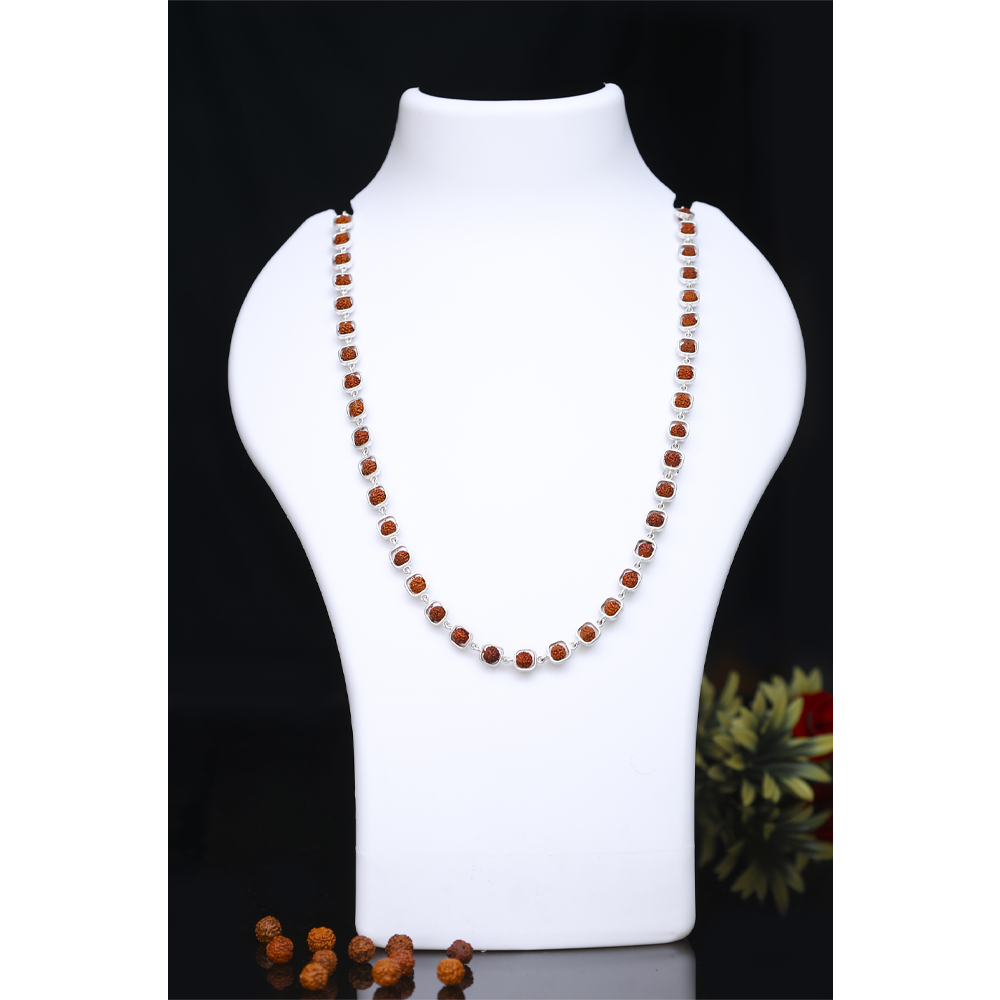 Rudraksha Silver 92.5 Purity Hallmark Mala with Silver Square Frame