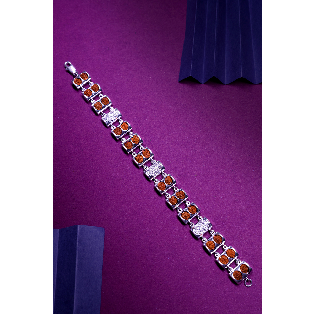 Rudraksha Silver 92.5% Purity Hallmark Bracelet Double Line Rudraksha Rectangular Frame with Diamonds