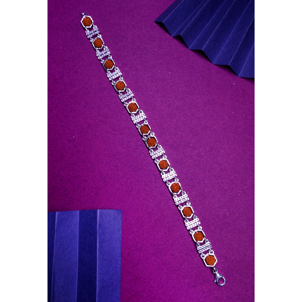 Rudraksha Silver 92.5% Purity Hallmark Bracelet Rudraksha Silver Hexagon Frame with Double Bar