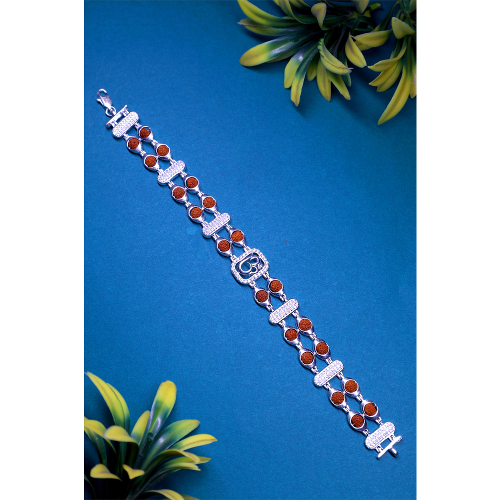 Rudraksha Silver 92.5% Purity Hallmark Bracelet Double Line Round Frame with Diamond OM & Rectagular Frame