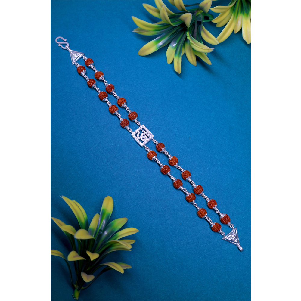 Rudraksha Silver 92.5% Purity Hallmark Bracelet Double Line Lotus Capping with Diamond OM