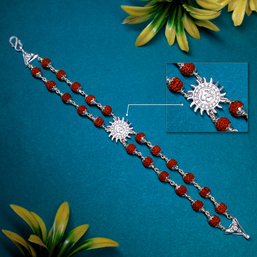 Rudraksha Silver 92.5% Purity Hallmark Bracelet Double Line Rudraksha Lotus Capping with Center OM