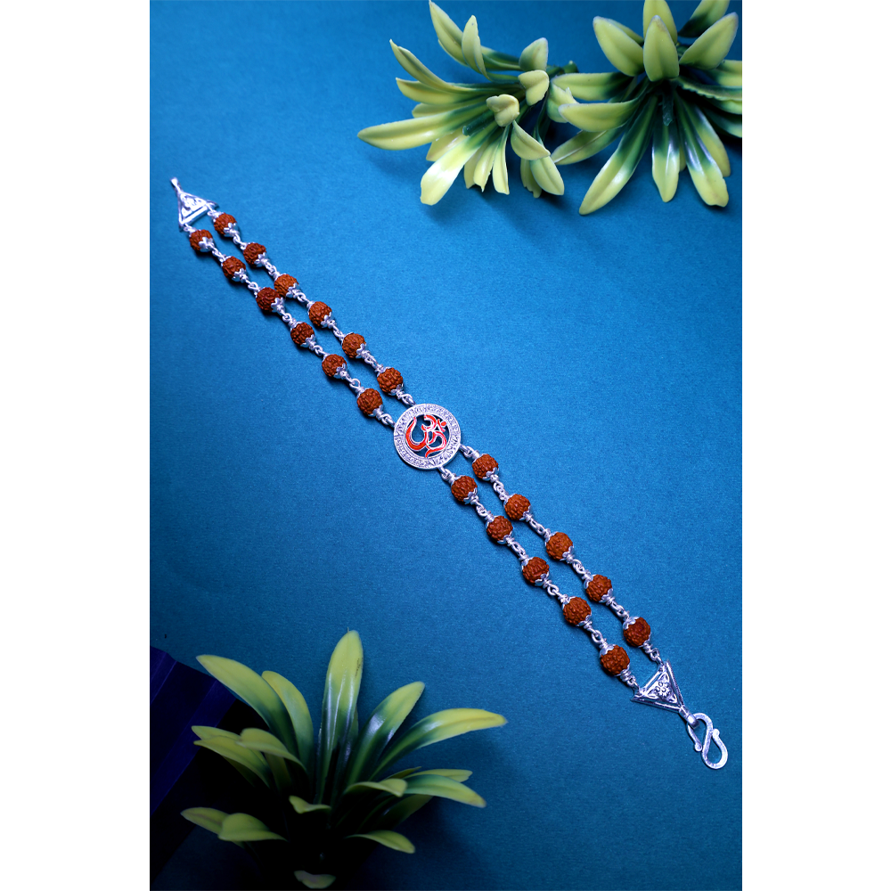 Rudraksha Silver 92.5% Purity Hallmark Bracelet Double Line Lotus Capping with Diamond OM