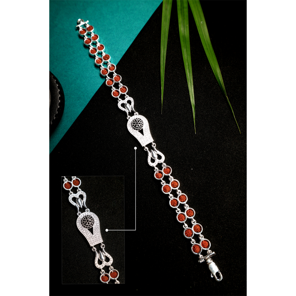 Rudraksha Silver 92.5% Purity Hallmark Bracelet Double Line Round Frame with Diamond Shivling & Trishul (Shiva Edition)