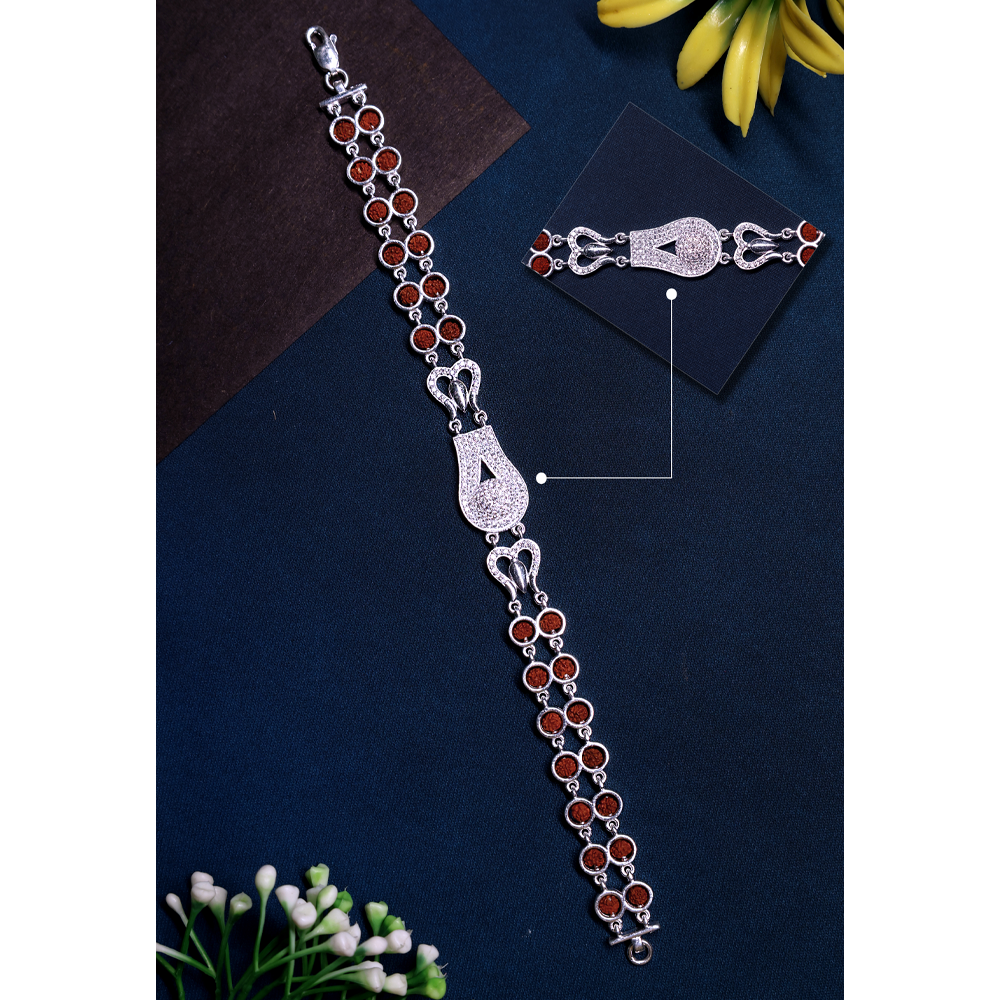 Rudraksha Silver 92.5% Purity Hallmark Bracelet Double Line Round Frame with Diamond Shivling & Trishul (Shiva Edition)