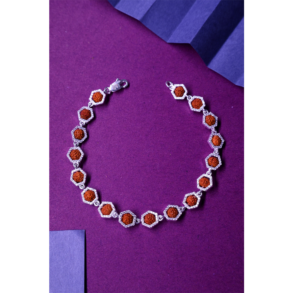 Rudraksha Silver 92.5% Purity Hallmark Bracelet Hexogaon Diamond Silver Frame