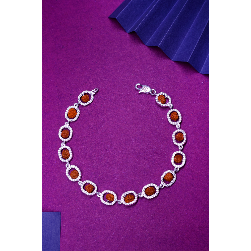 Rudraksha Silver 92.5% Purity Hallmark Bracelet  With Diamond  Oval Frame