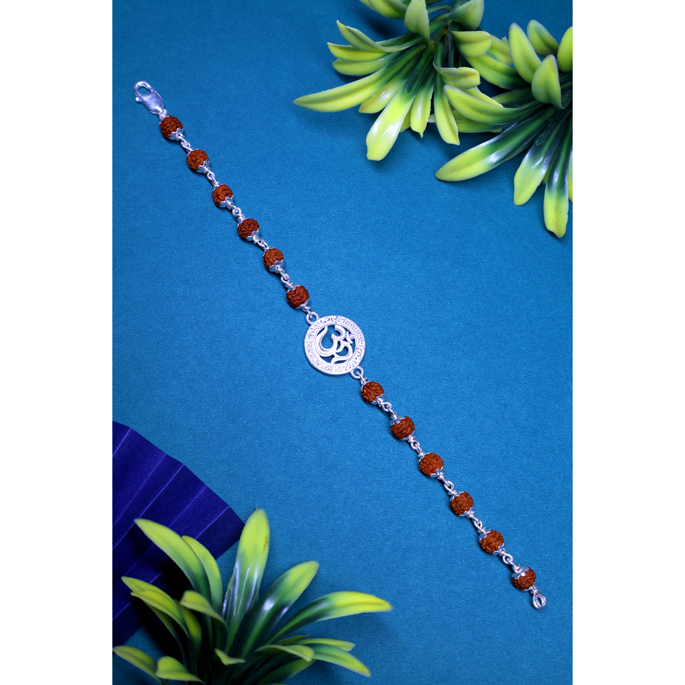 Rudraksha Silver 92.5% Purity Hallmark Bracelet Lotus Capping with Diamond OM Pended