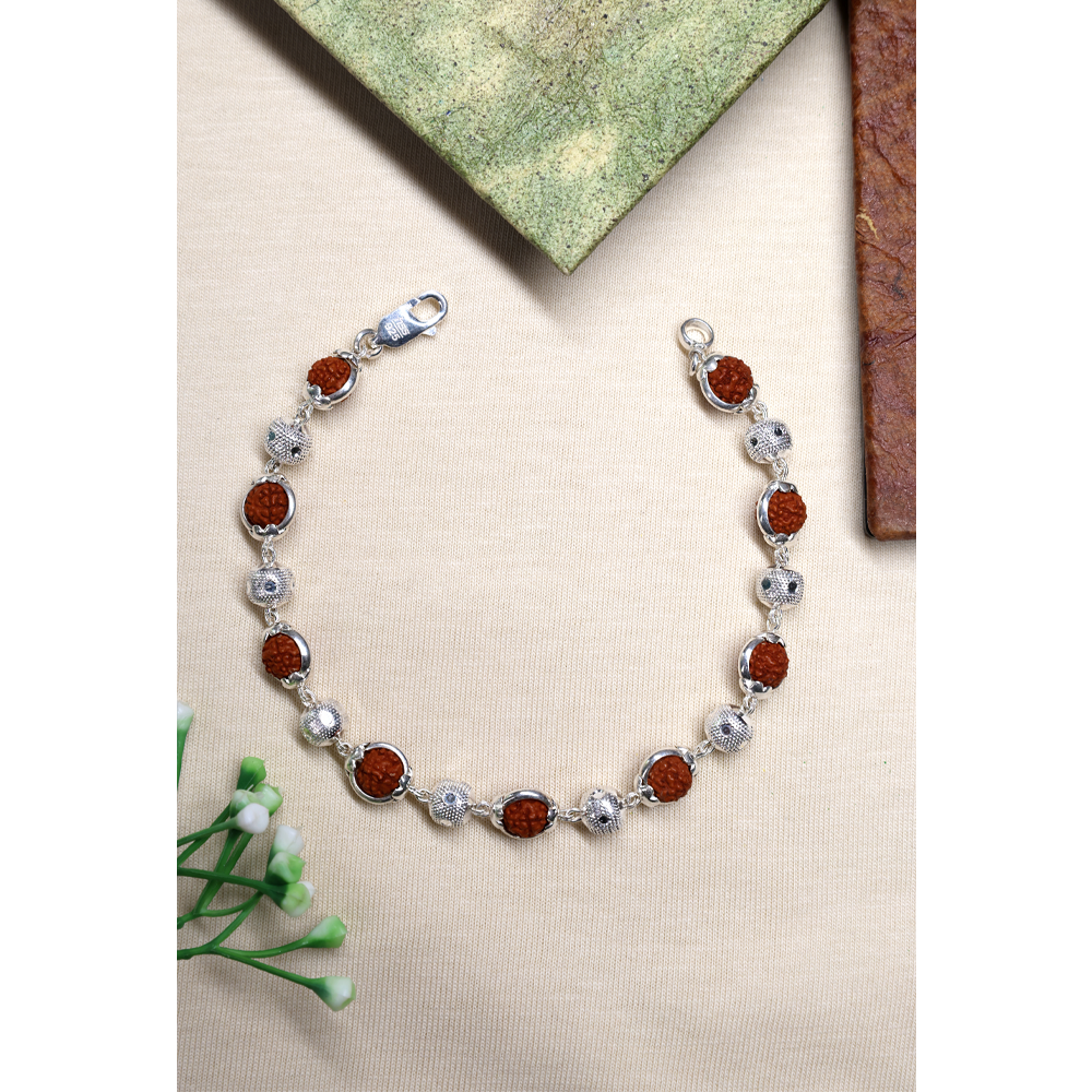 Rudraksha Silver 92.5% Purity Hallmark Bracelet Rudraksha With Ring & Silver Beads Lotus Capping