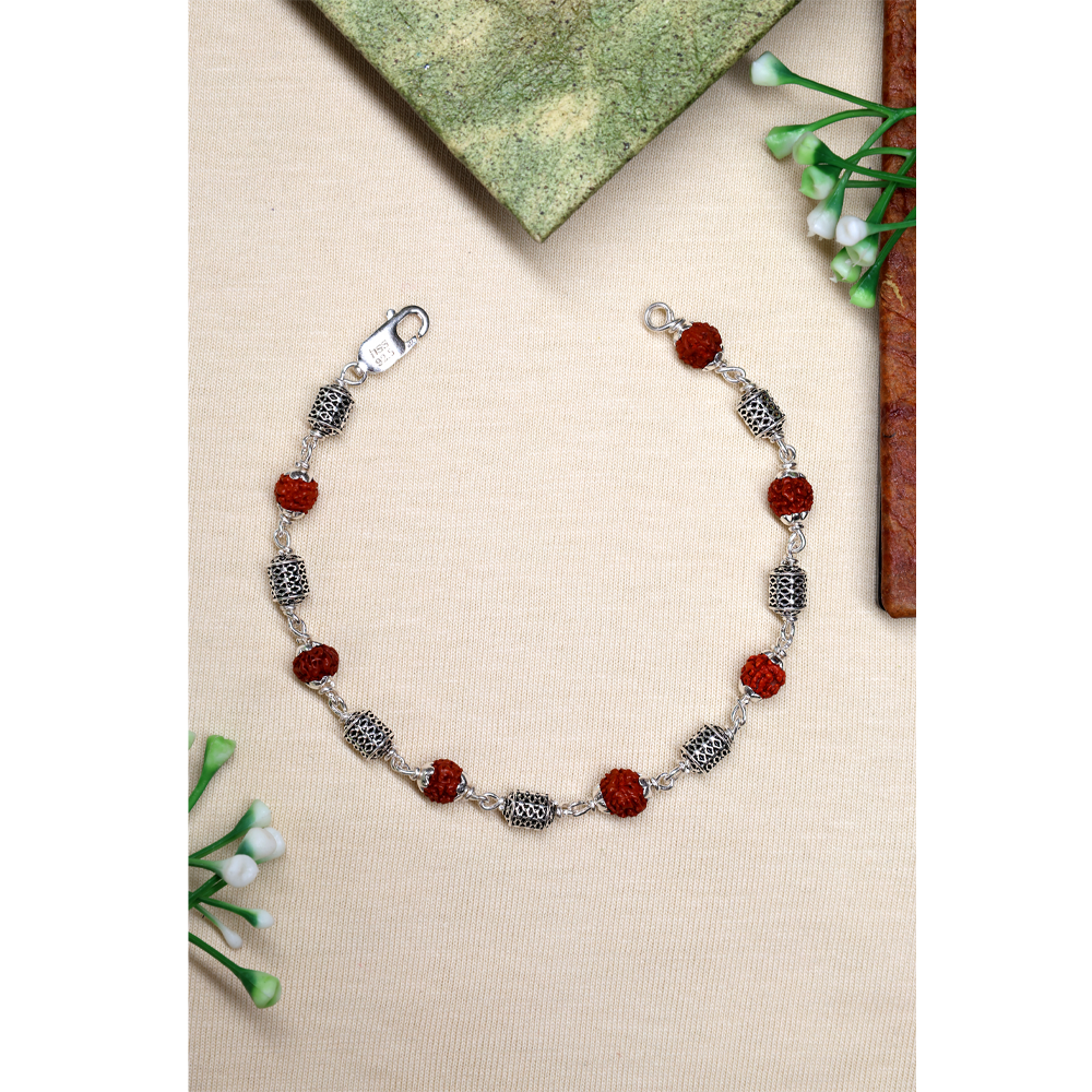 Rudraksha Silver 92.5% Purity Hallmark Bracelet Rudraksha and Cylindrical Hollow Silver Beads