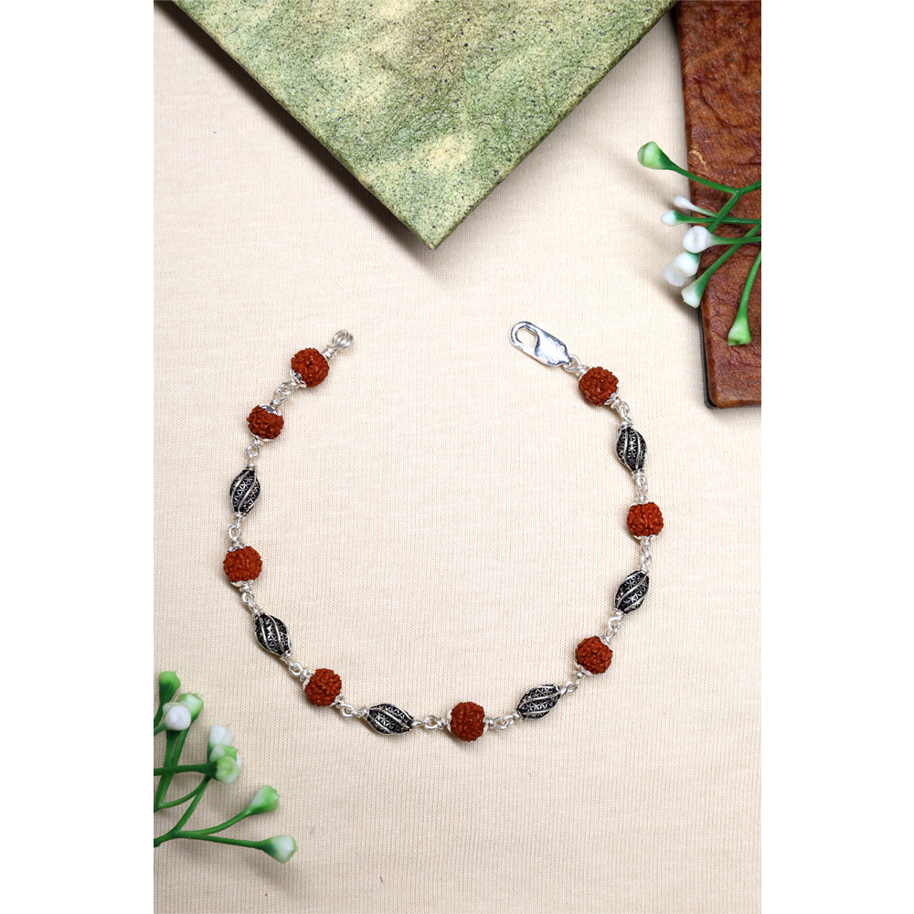 Rudraksha Silver 92.5% Purity Hallmark Bracelet Rudraksha Beads with Sphere Silver Beads