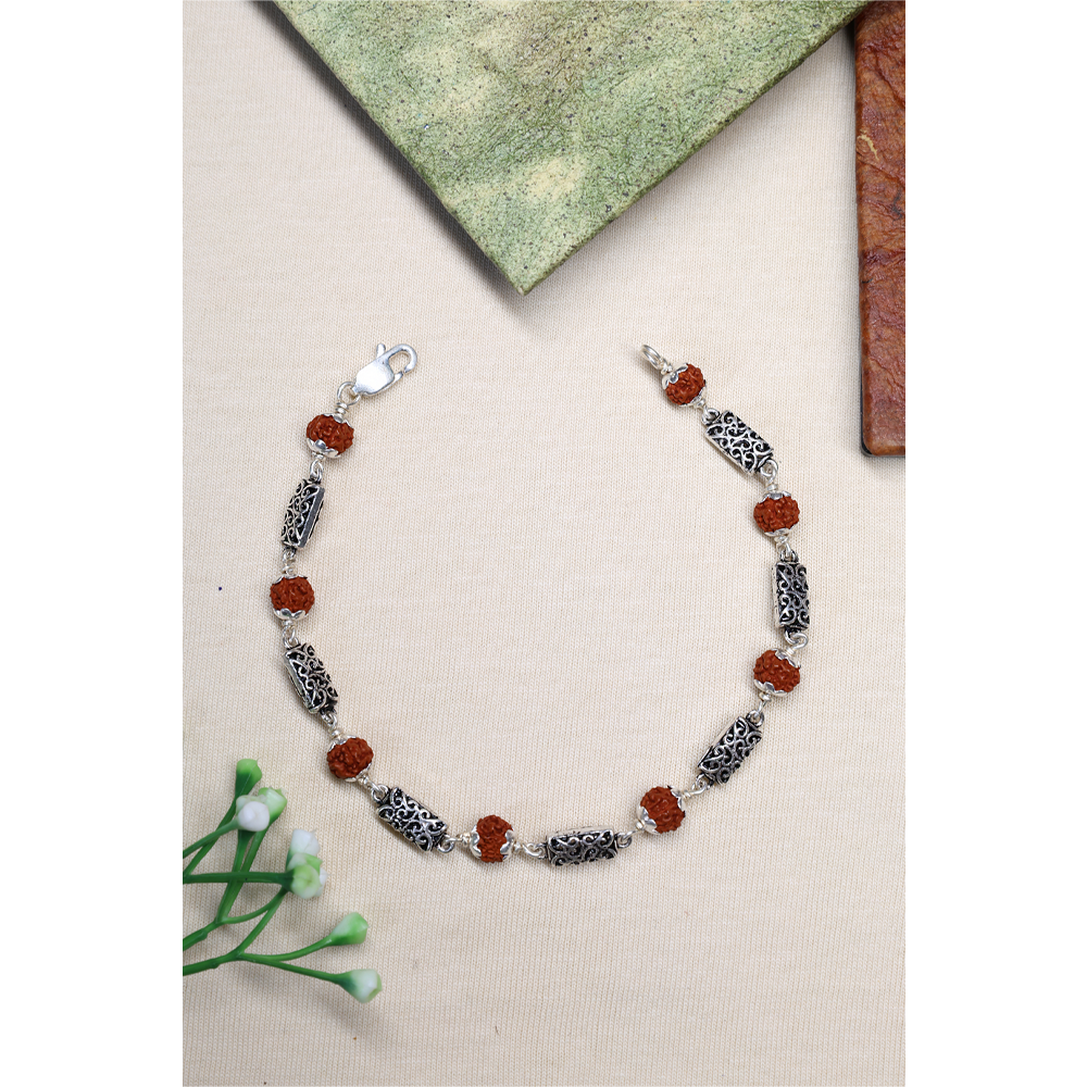 Rudraksha Silver 92.5% Purity Hallmark Bracelet Rectangular Hollow Silver Bead