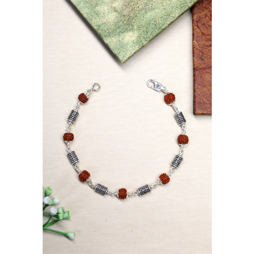 Rudraksha Silver 92.5% Purity Hallmark Bracelet Rudraksha and Cylindrical Hollow Silver Beads