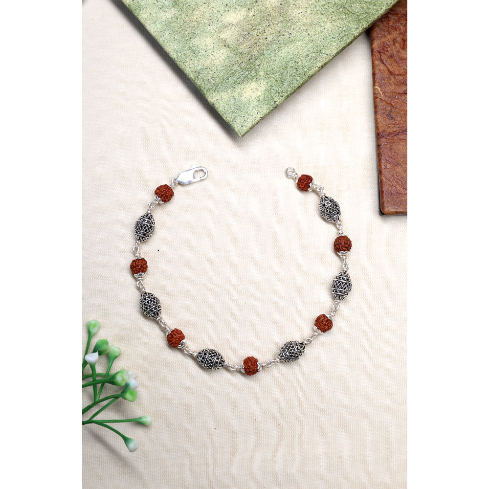 Rudraksha Silver 92.5% Purity Hallmark Bracelet Rudraksha and Circular Hollow Silver Beads