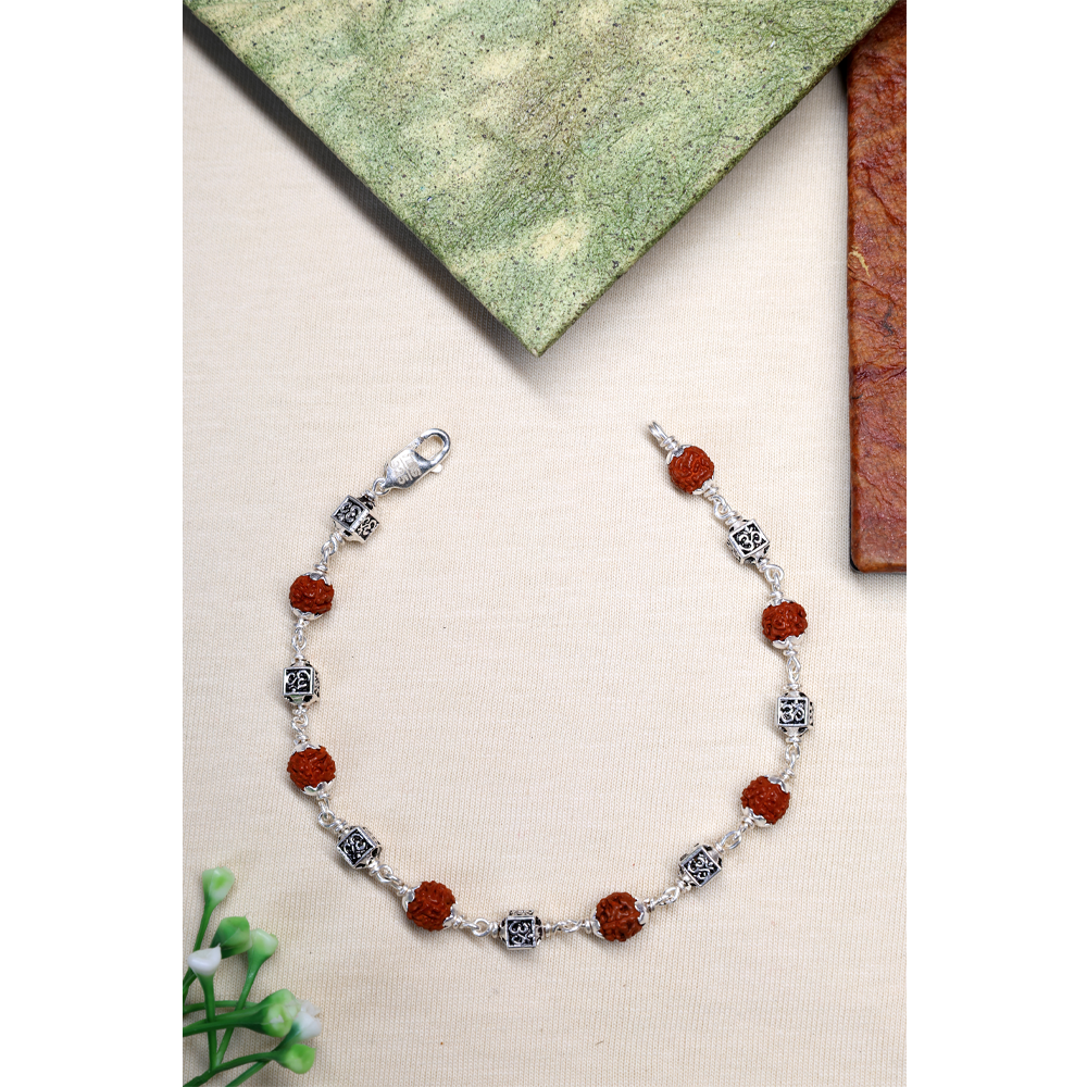 Rudraksha Silver 92.5% Purity Hallmark Bracelet Rudraksha Beads and Square Om