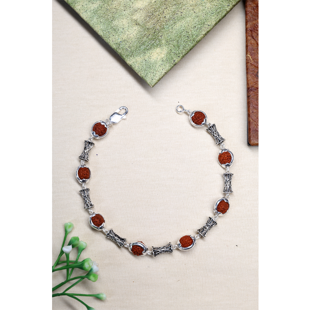 Rudraksha Silver 92.5% Purity Hallmark Bracelet Rudraksha Beads with Ring Damru
