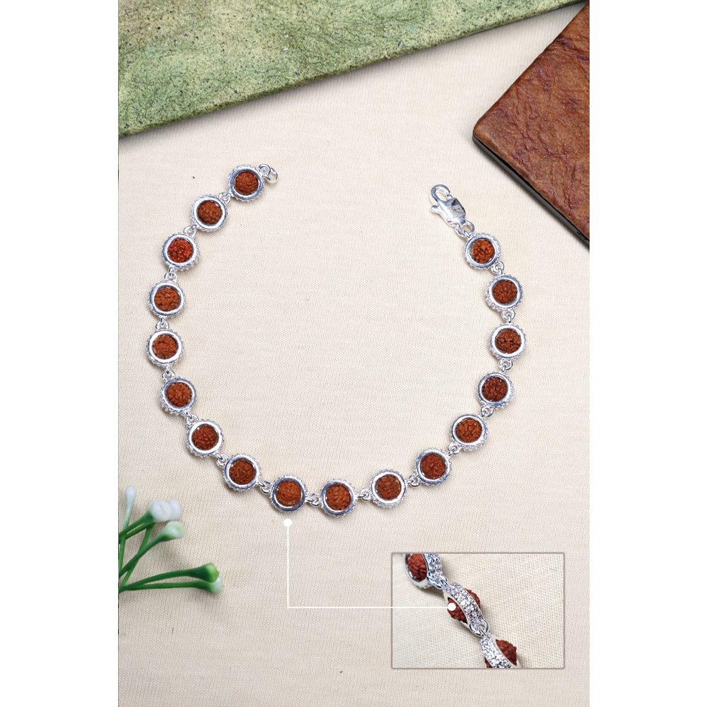 Rudraksha Silver 92.5% Purity Hallmark Bracelet Rudraksha Beads with Round Frame Diamond