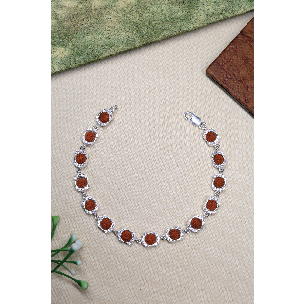 Rudraksha Silver 92.5% Purity Hallmark Bracelet Rudraksha Beads with Square Edge Diamonds