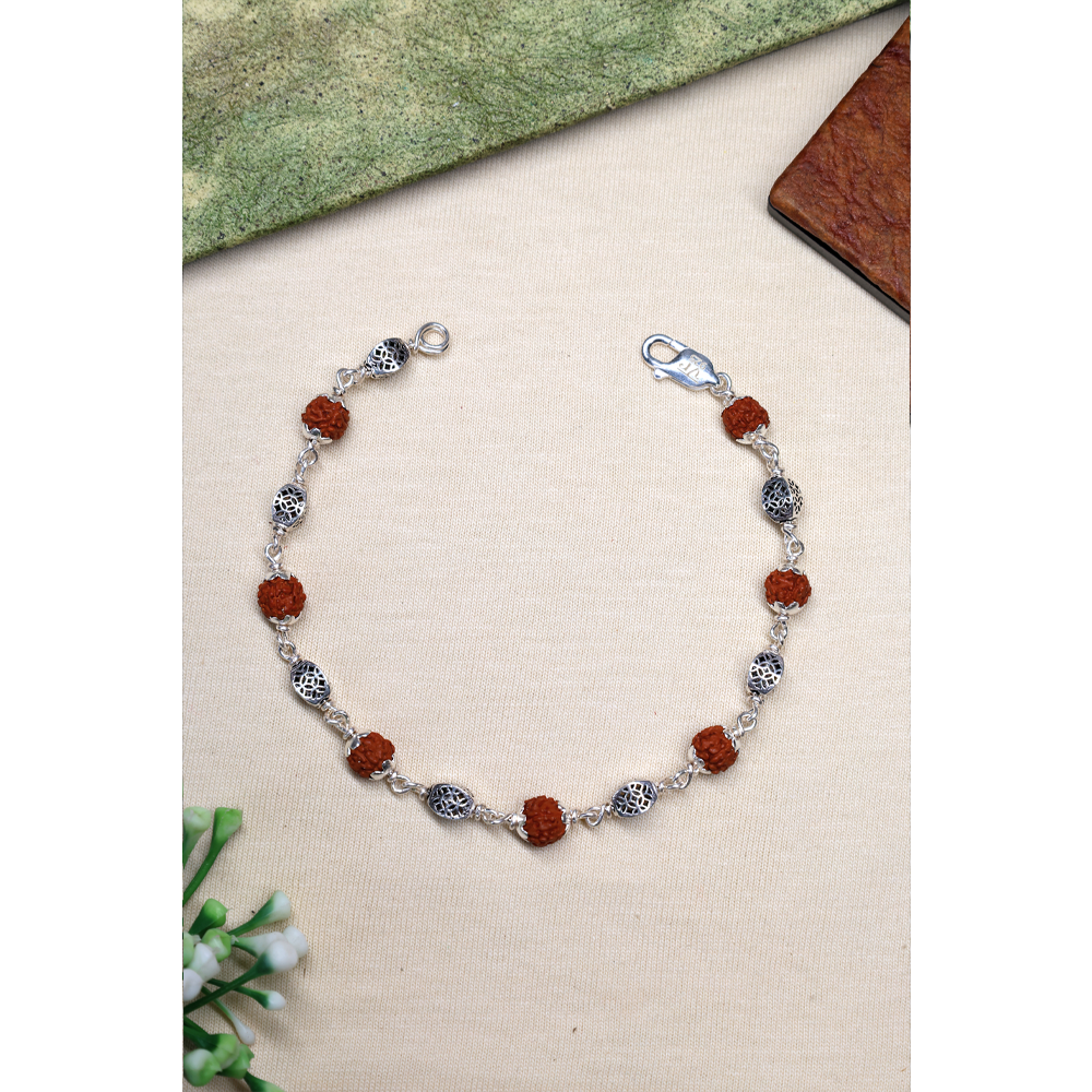 Rudraksha Silver 92.5% Purity Hallmark Bracelet Rudraksha Beads with Lotus Capping Hollow Silver Beads