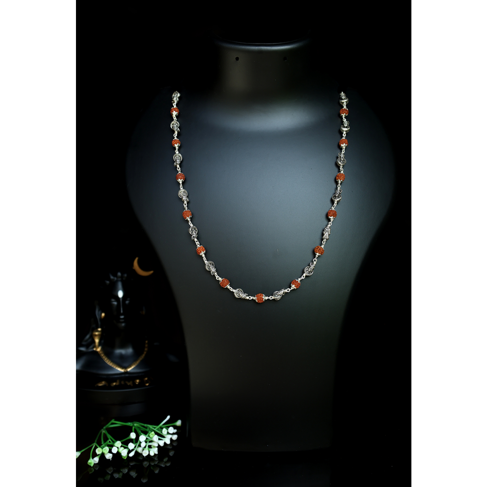 Rudraksha Silver Mala 92.5 Purity Hallmark with Lotus Capping Shiva Edition (Shiva Face)
