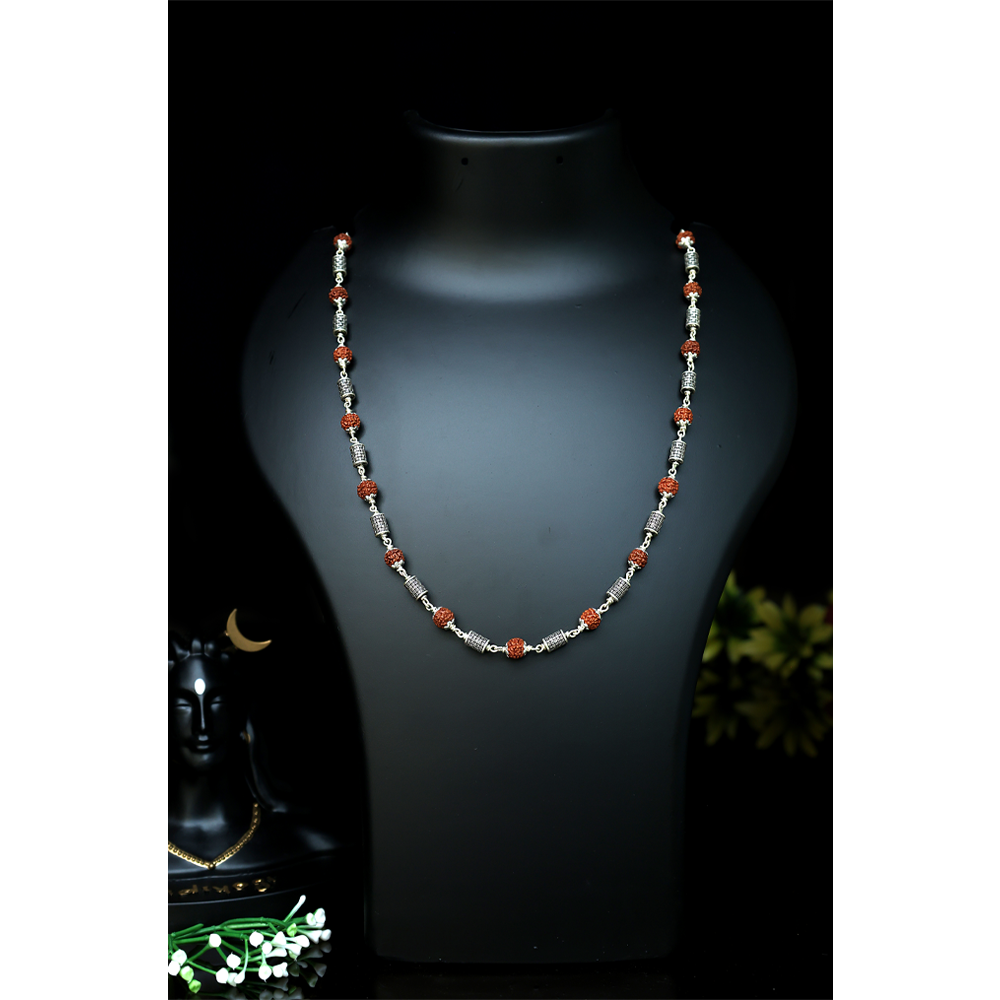 Rudraksha Silver Mala 92.5 Purity Hallmark with Cylindrical Hollow Silver Beads Lotus Capping