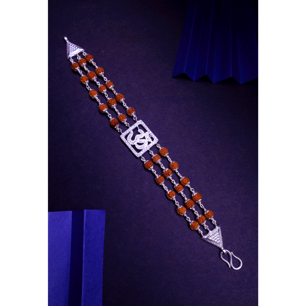 Rudraksha Silver 92.5 Purity Hallmark Bracelet Om in Diamond Square Triple Line