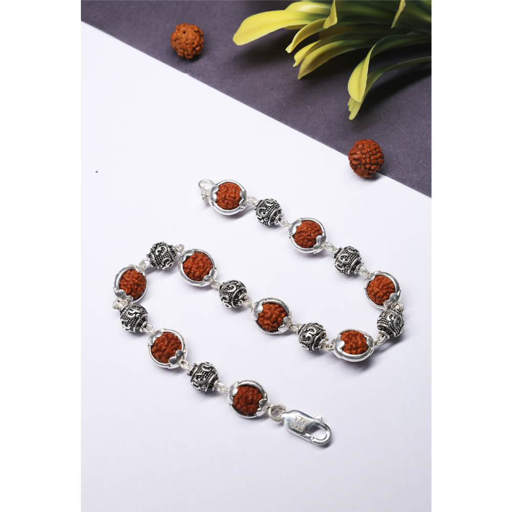 Rudraksha Silver 92.5 Purity Hallmark Bracelet with Silver Ring and OM Beads