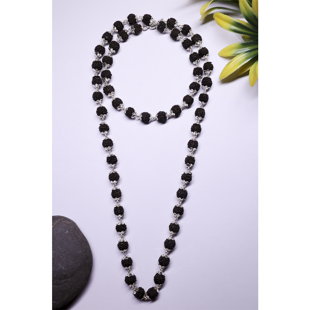 Black Rudraksha Silver 92.5 Purity Hallmark Mala with Ccut capping
