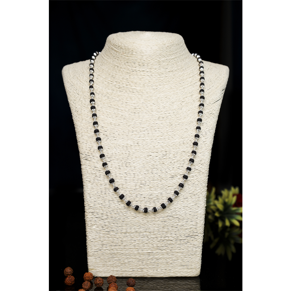 Black Rudraksha Silver 92.5 Purity Hallmark Mala with C cut Capping