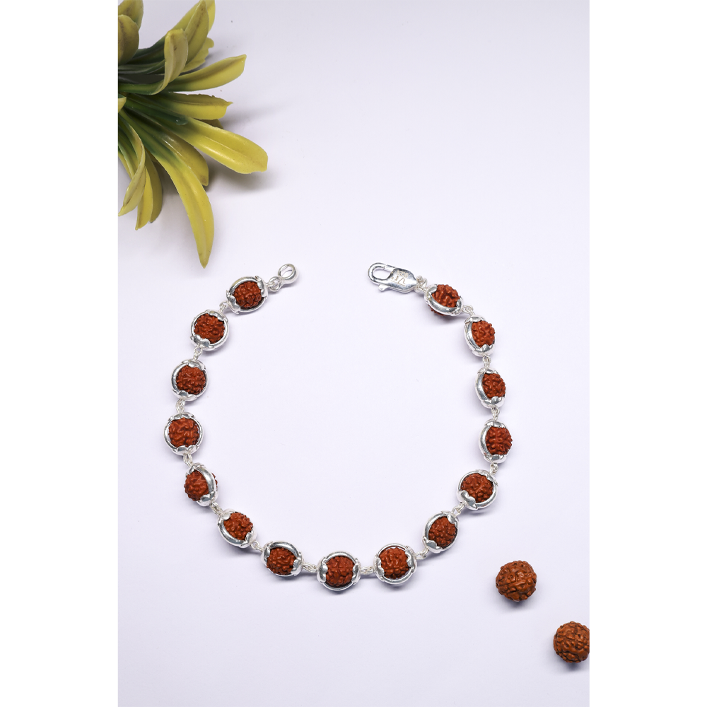 Rudraksha Silver 92.5 Purity Hallmark Bracelet with Silver Ring Lotus Capping