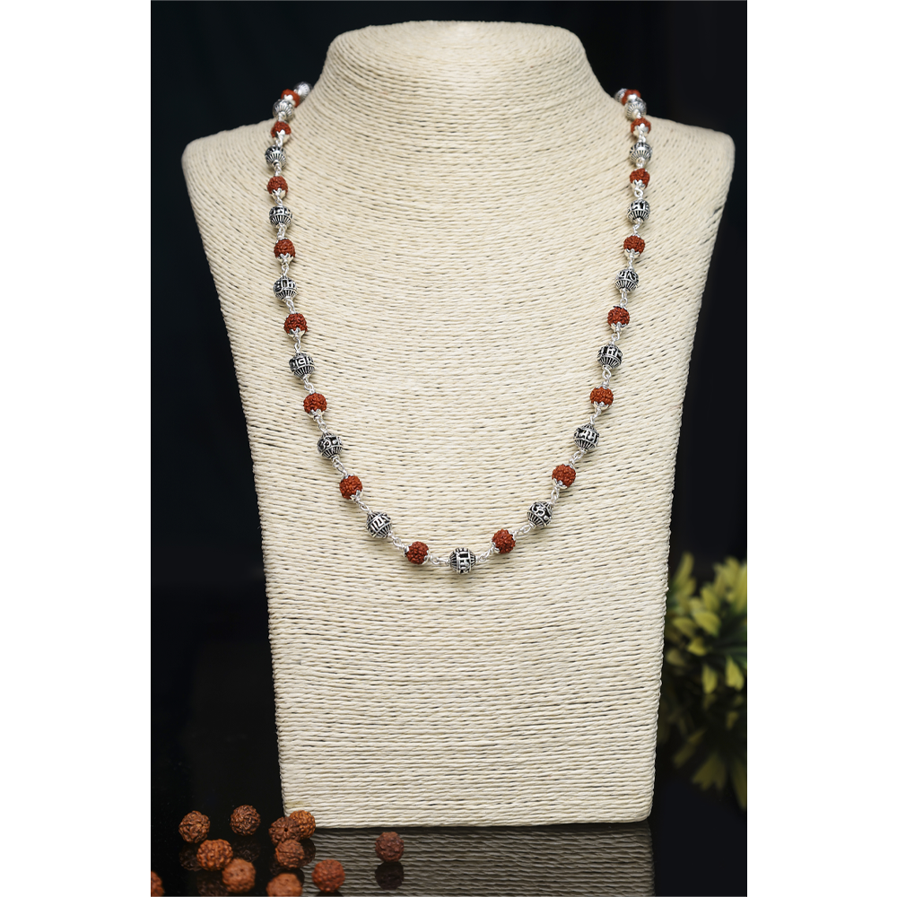Rudraksha Silver 92.5 Purity Hallmark Mala with Silver OM NAMO SHIVAY Beads Lotus Capping