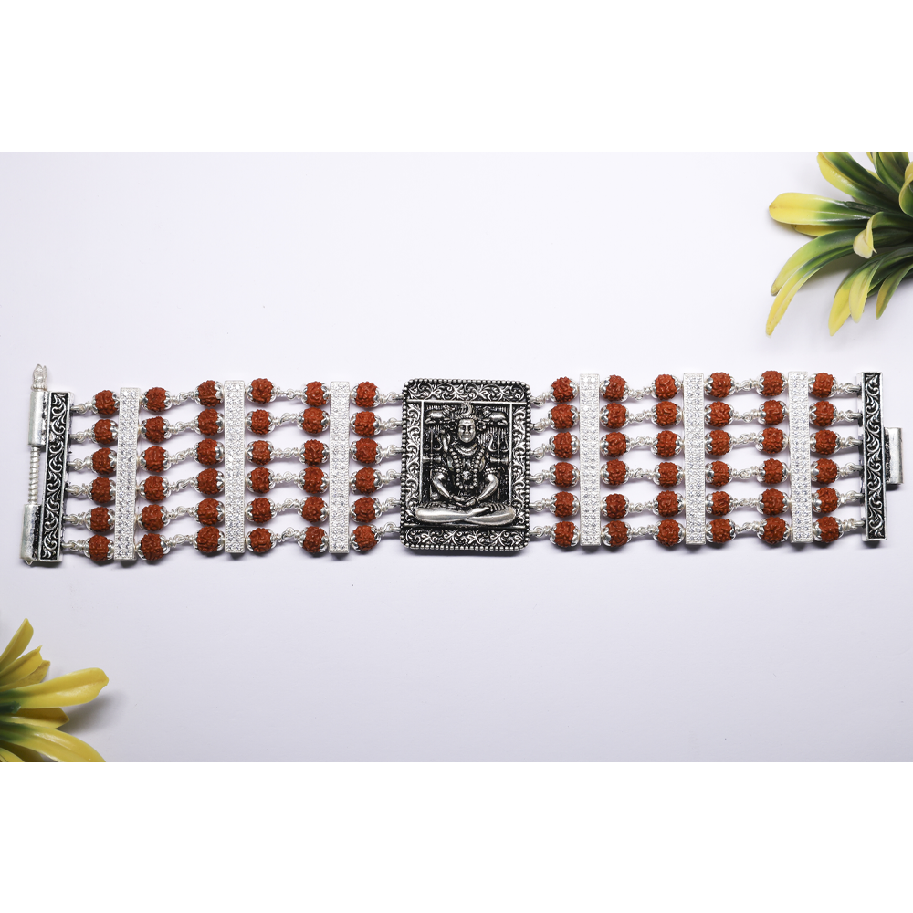 Rudraksha Silver 92.5 Purity Hallmark Bracelet with Shiva Silver Brooch Lotus Capping