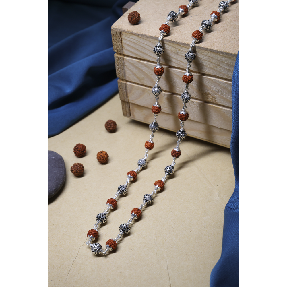 Rudraksha Silver 92.5 with Purity Hallmark Mala with Silver Om Beads Lotus Capping.