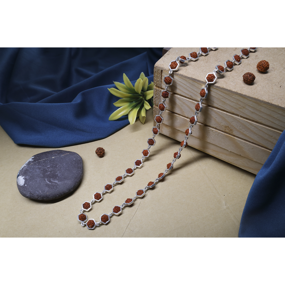 Rudraksha Silver Mala 92.5 with Purity Hallmark with Hexagon Frame